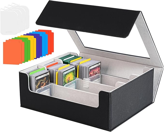 3 Rows Trading Card Storage Box Top Window - 2400+ Commander Deck Case for Magic the Gathering Pokemon YuGiOh Sports Cards, Leather MTG TCG PTCG with 12 PVC Dividers 4 Card Supporters