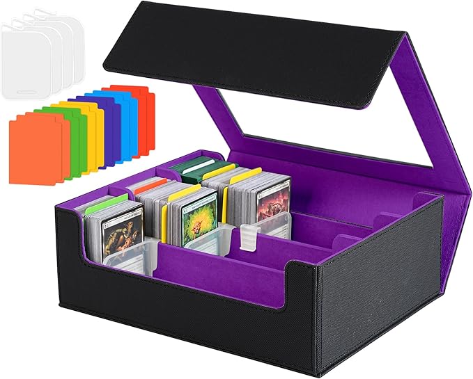 3 Rows Trading Card Storage Box Top Window - 2400+ Commander Deck Case for Magic the Gathering Pokemon YuGiOh Sports Cards, Leather MTG TCG PTCG with 12 PVC Dividers 4 Card Supporters