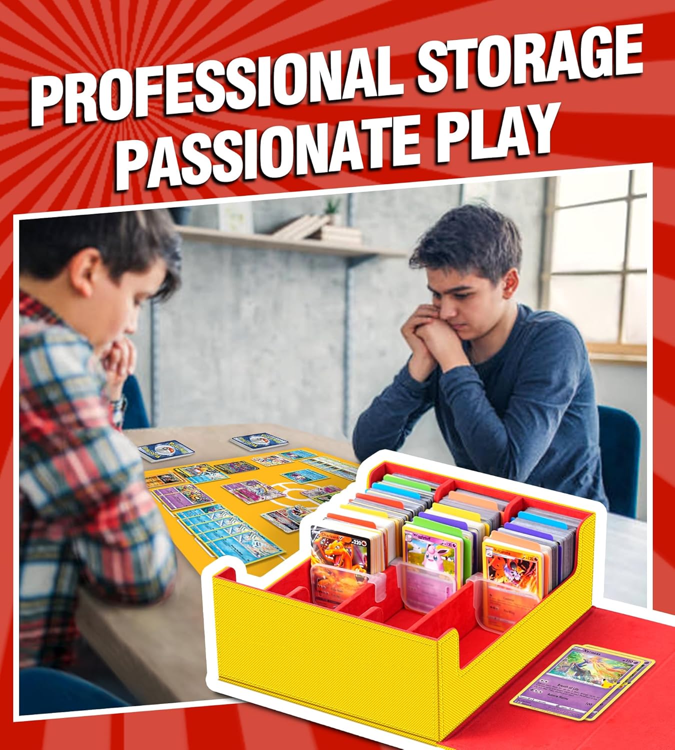 3 Rows Trading Card Storage Box Top Covered - 2400+ Commander Deck Case for Magic the Gathering Pokemon YuGiOh Sports Cards, Leather MTG TCG PTCG with 12 PVC Dividers 4 Card Supporters