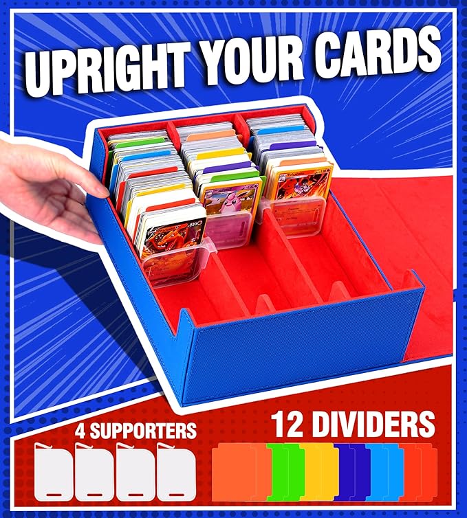 3 Rows Trading Card Storage Box Top Covered - 2400+ Commander Deck Case for Magic the Gathering Pokemon YuGiOh Sports Cards, Leather MTG TCG PTCG with 12 PVC Dividers 4 Card Supporters