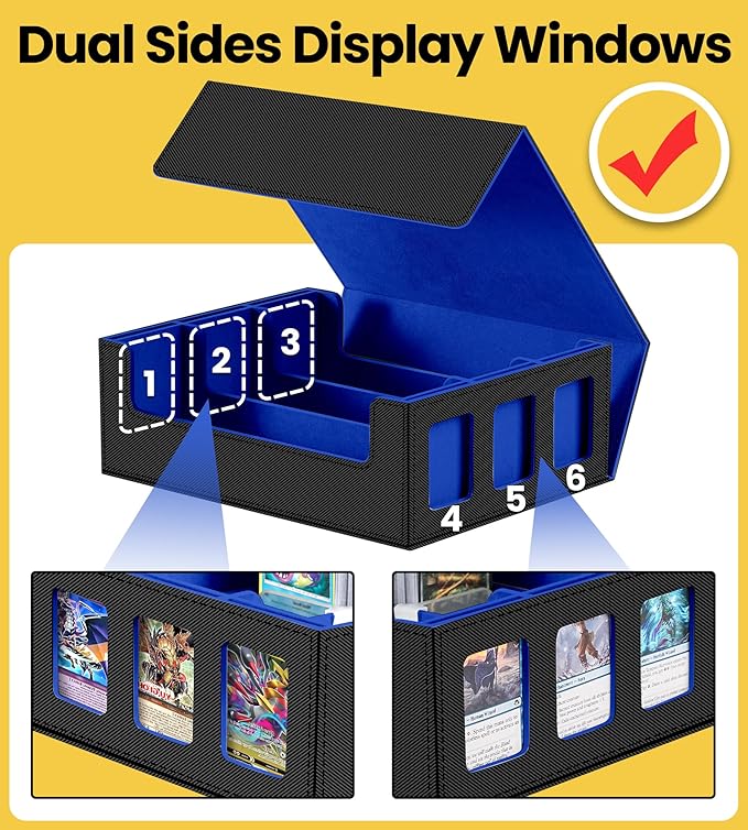 3 Rows Trading Card Storage Box 6 Side Window - 2400+ Commander Deck Case for Magic the Gathering Pokemon YuGiOh Sports Cards, Leather MTG TCG PTCG with 12 PVC Dividers 4 Card Supporters