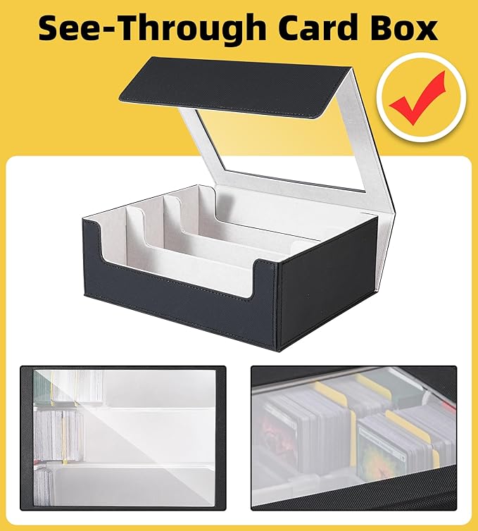 3 Rows Trading Card Storage Box Top Window - 2400+ Commander Deck Case for Magic the Gathering Pokemon YuGiOh Sports Cards, Leather MTG TCG PTCG with 12 PVC Dividers 4 Card Supporters