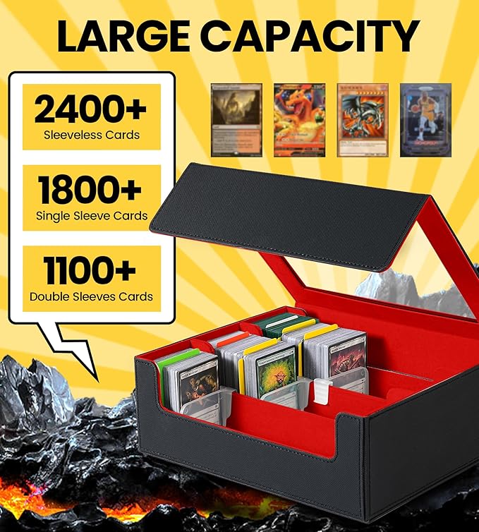 3 Rows Trading Card Storage Box Top Window - 2400+ Commander Deck Case for Magic the Gathering Pokemon YuGiOh Sports Cards, Leather MTG TCG PTCG with 12 PVC Dividers 4 Card Supporters