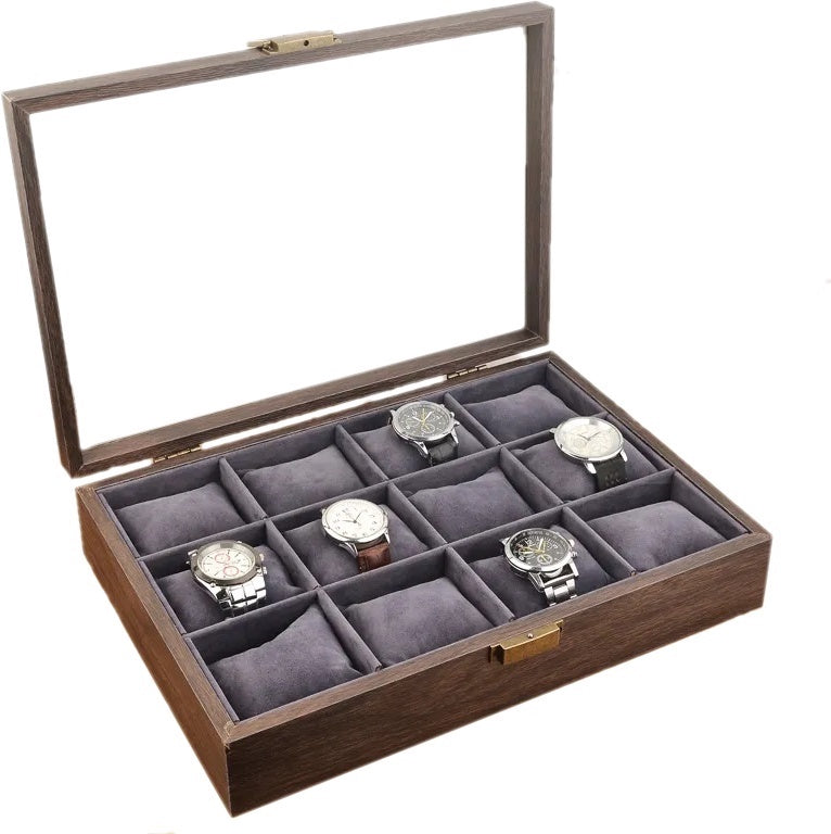 12 Slots Dark Brown Grain Wooden Watch Jewelry Box Soft Cushions