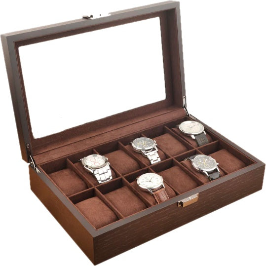 12 Slots Dark Brown Grain Wood Watch Box