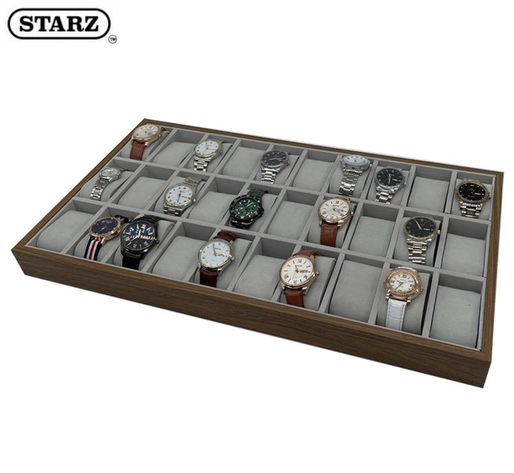 30 slot dark brown wooden watch storage display tray