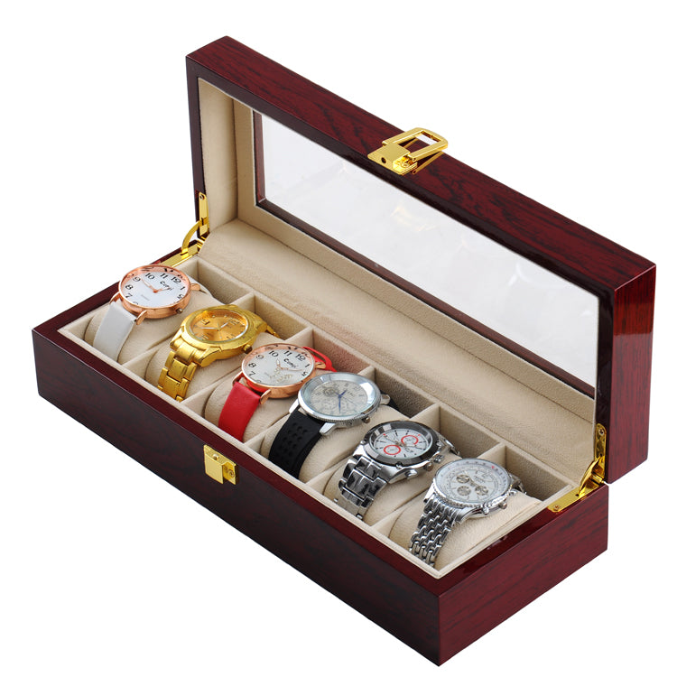 6 Slot Rosewood Watch Storage Box with Glass Lid