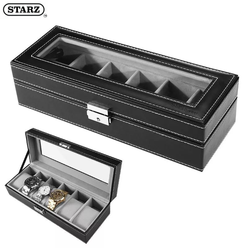 6 Slots Black PU Leather Watch Storage Box