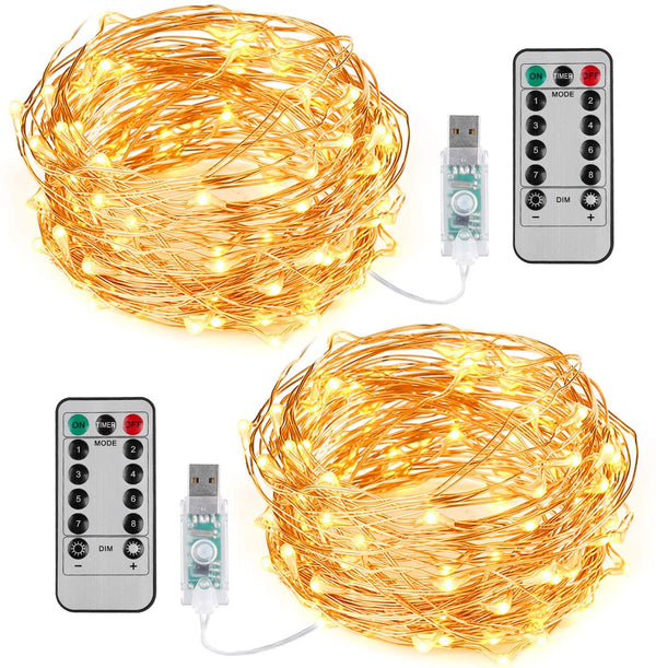 10 Meters 100 Led USB Copper Wire with 8 Modes Remote Control Warm White.