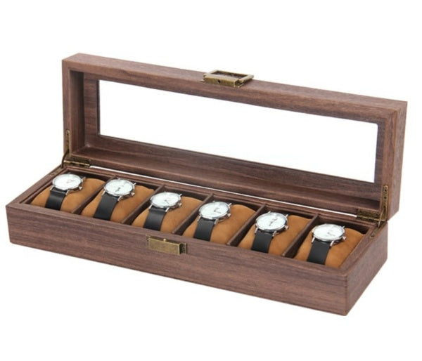 STARZ 6 Slots PU Leather Grain Watch Box with Glass Lid