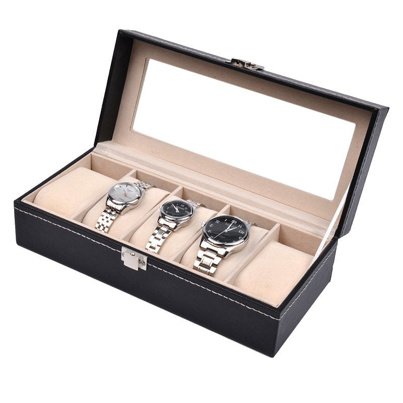 5 Slots Black Pu Watch Storage Box