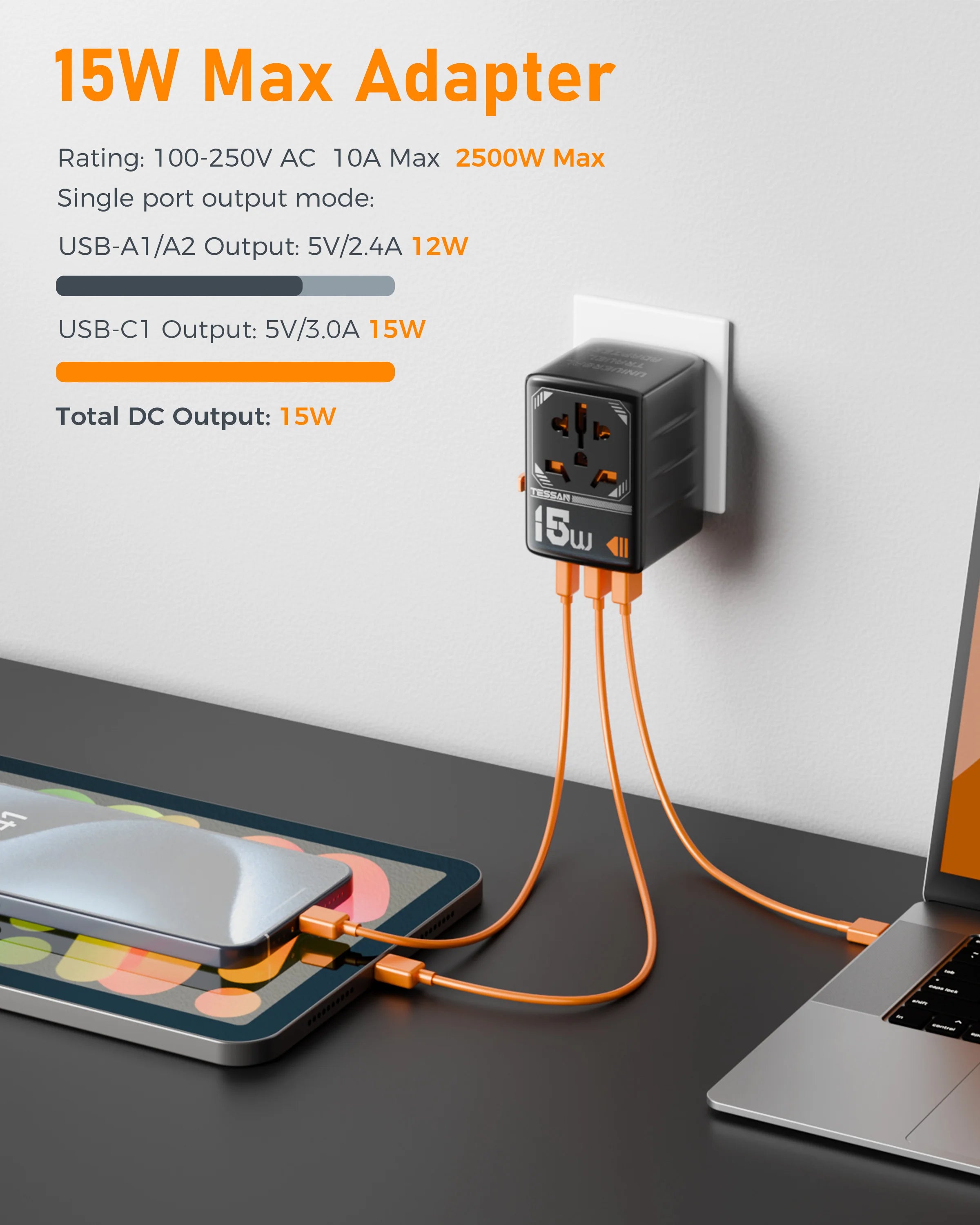 TESSAN - International 15W Plug Adaptor with 1 USB C and 2 USB Charging Ports