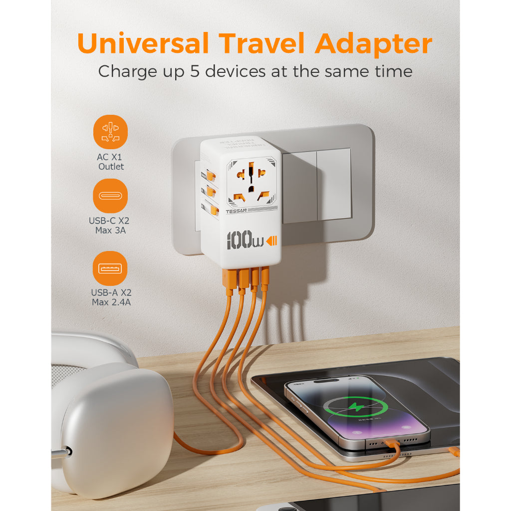 TESSAN - International 100W GaN Plug Adaptor with 2 USB C and 2 USB A Charging Ports ,White