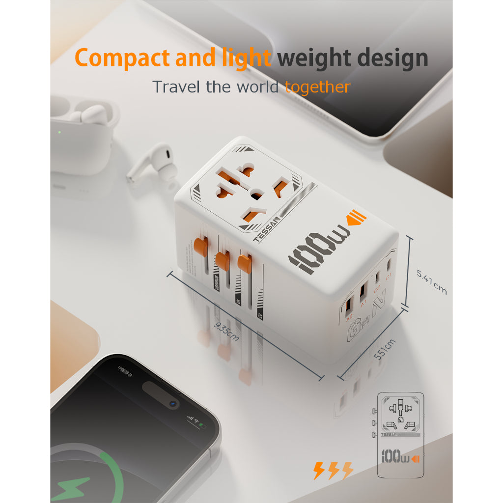 TESSAN - International 100W GaN Plug Adaptor with 2 USB C and 2 USB A Charging Ports ,White