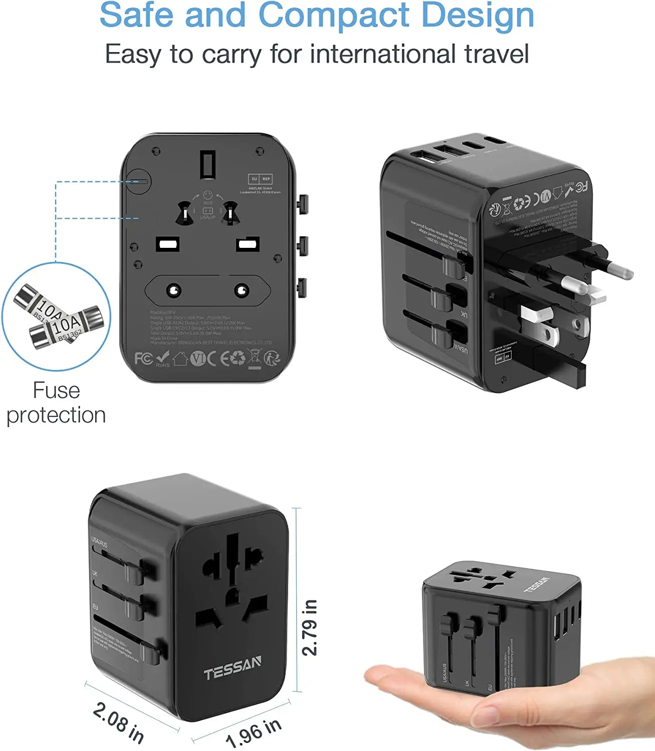 TESSAN - Universal Travel Plug 28W, international Power Adapter with 2 USB , 3 USB C Port , Black