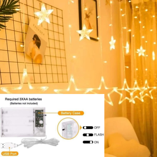 [ STARZ ] 2.5 Meter Width 12 Stars Curtain Lights, USB + BATTERY , Warm White