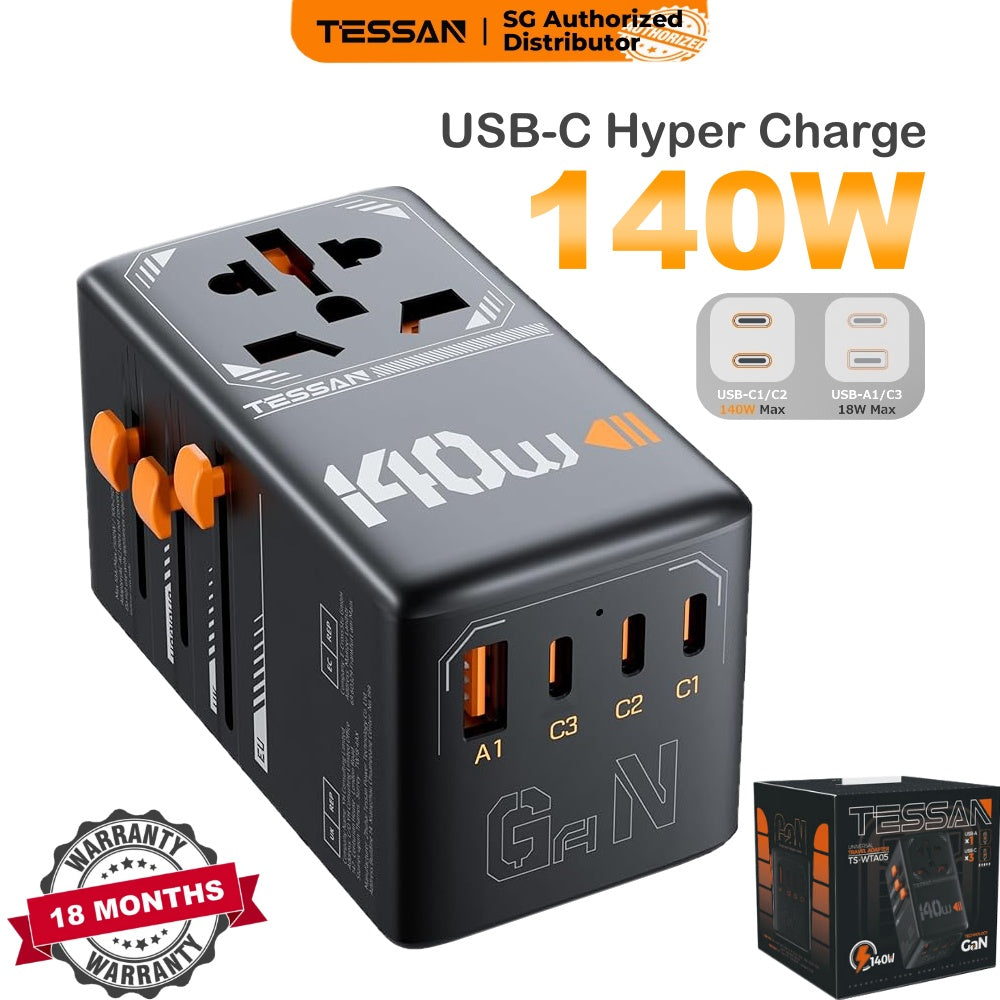TESSAN - International 140W GaN Plug Adaptor with 3 USB C and 1 USB A Charging Ports