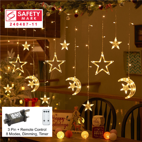 SG Safety Mark 31V Stars Moon Crescent Icicle LED Curtain Lights Warm White
