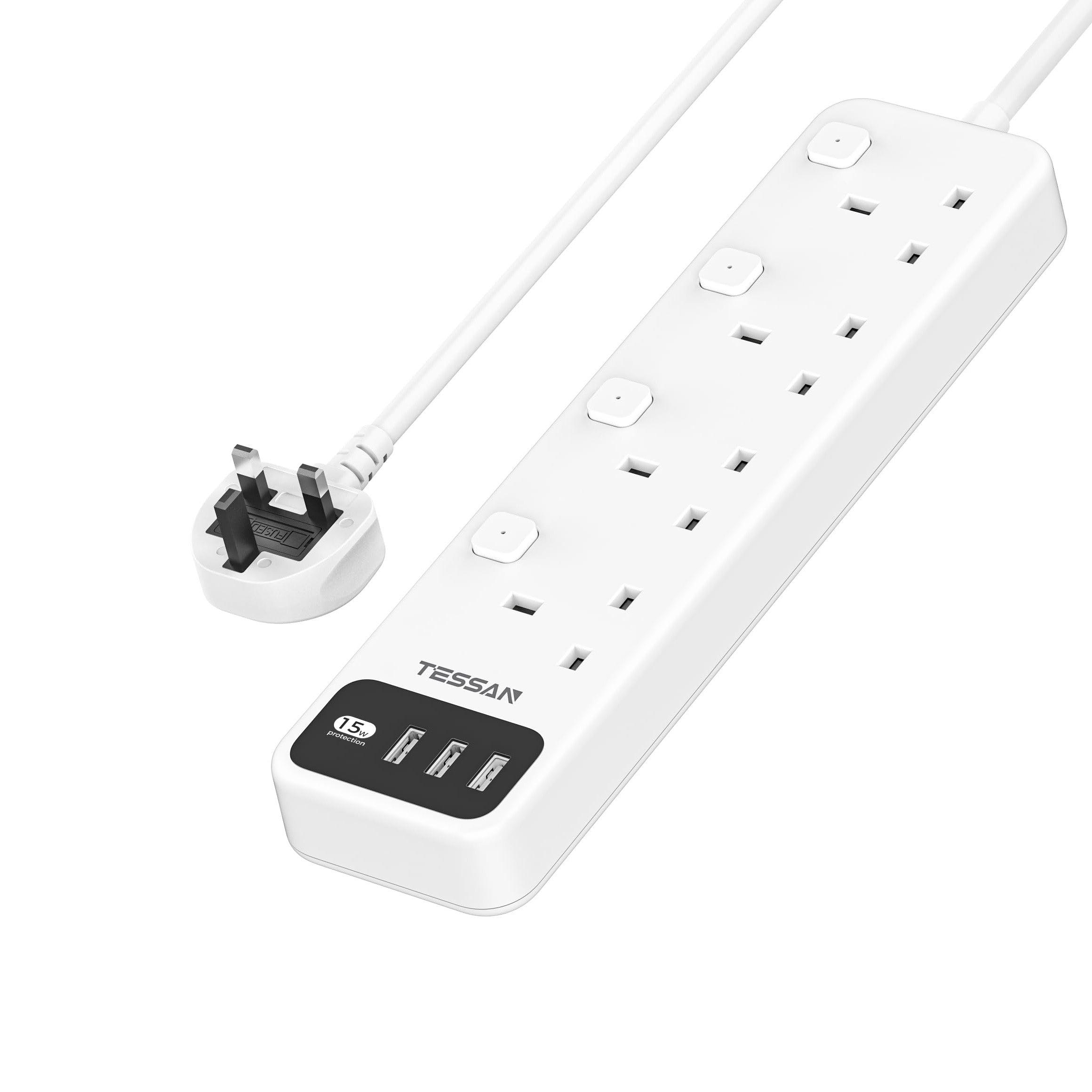 TESSAN - 4 Outlets Extension Cord 13A Individual Switches with 2M Cable and USB-A / B204