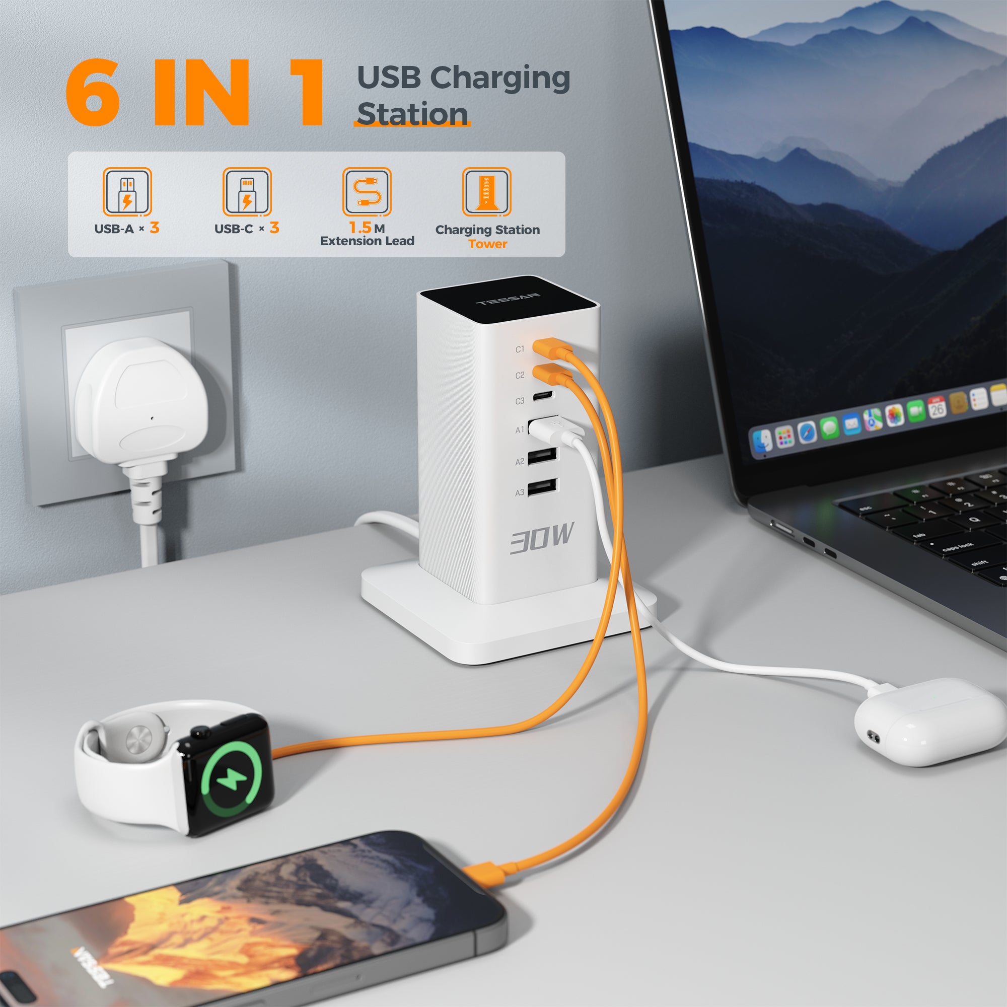 TESSAN - 30W Desktop Charging Station 6-Port Charging Hub With USB C for Multi Devices, White