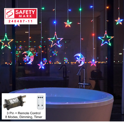 SG Safety Mark – 31V Stars, Moon & Crescent Icicle LED Fairy Curtain Light Multi + Remote Control