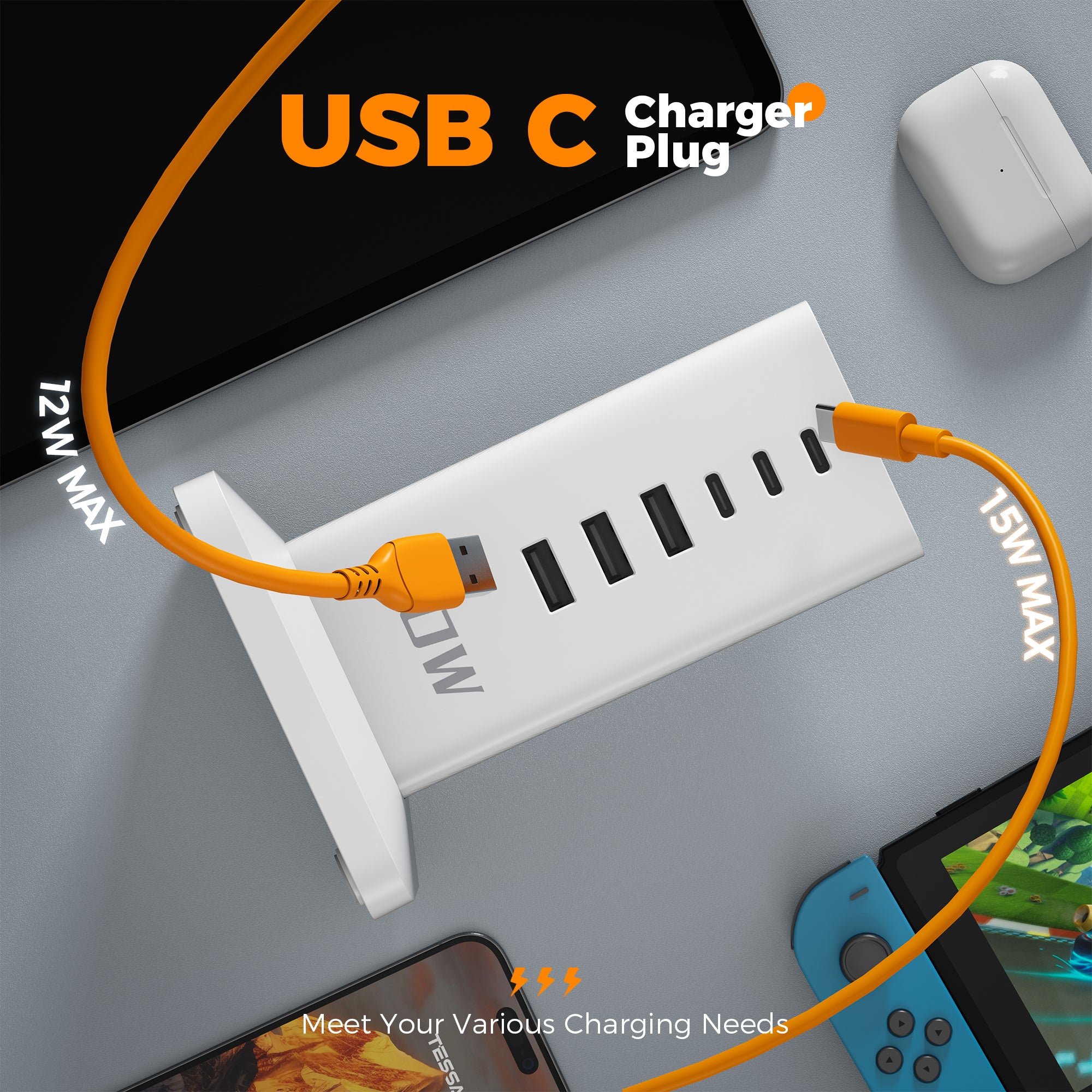 TESSAN - 30W Desktop Charging Station 6-Port Charging Hub With USB C for Multi Devices, White