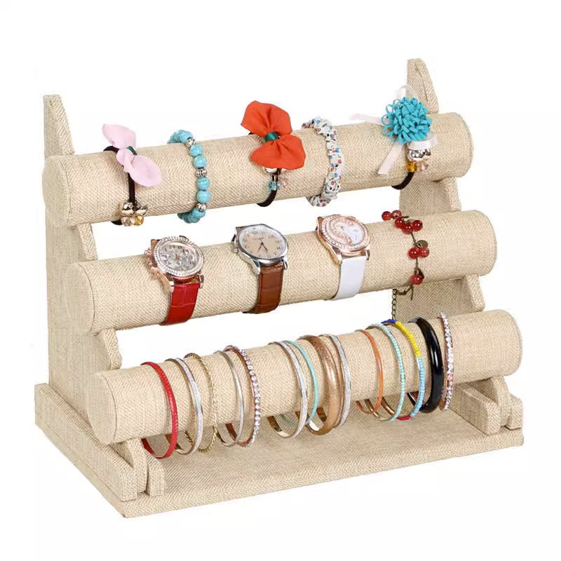 [ STARZ ] 3 Tier / Layer Velvet Bangle, Bracelet, Jewelry Stand Holder Tray, Linen Beige