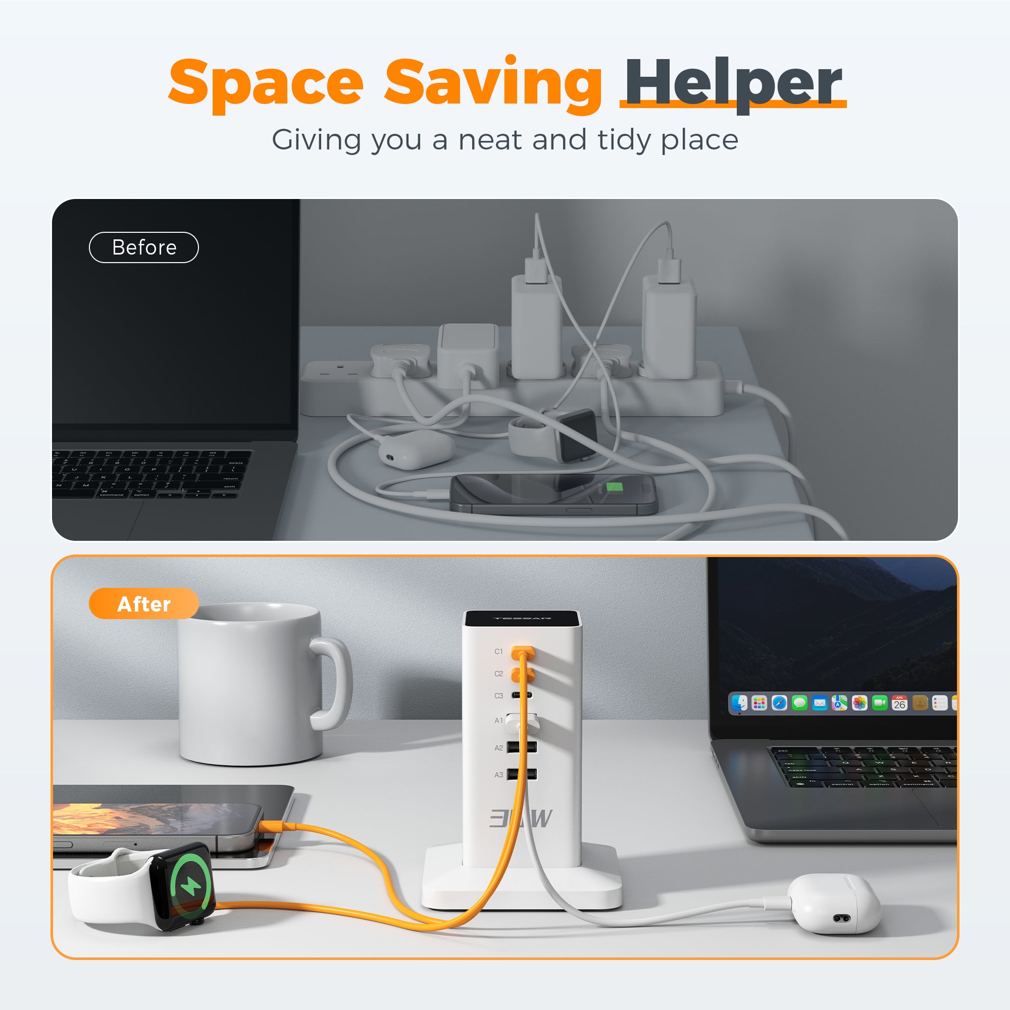 TESSAN - 30W Desktop Charging Station 6-Port Charging Hub With USB C for Multi Devices, White