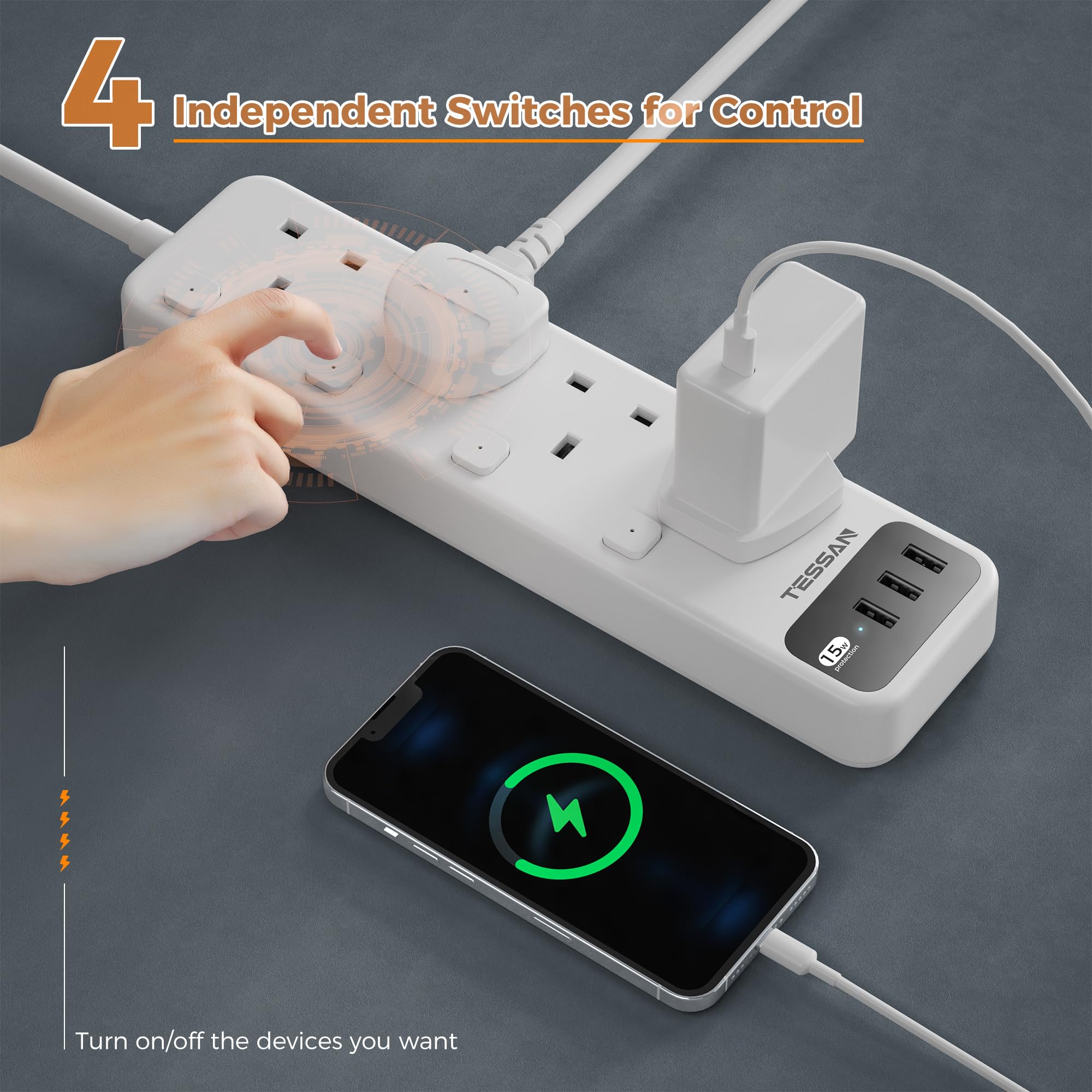 TESSAN - 4 Outlets Extension Cord 13A Individual Switches with 2M Cable and USB-A / B204