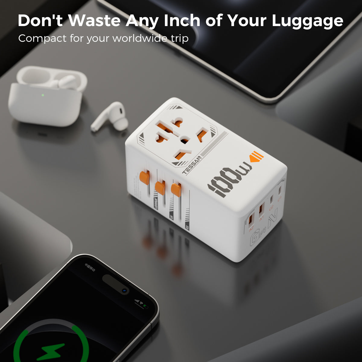 TESSAN - International 100W GaN Plug Adaptor with 2 USB C and 2 USB A Charging Ports ,White