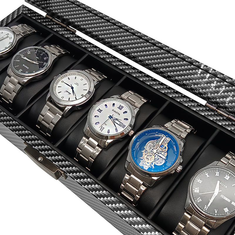 6 Slots Carbon Print Wood inner Black Watch Box