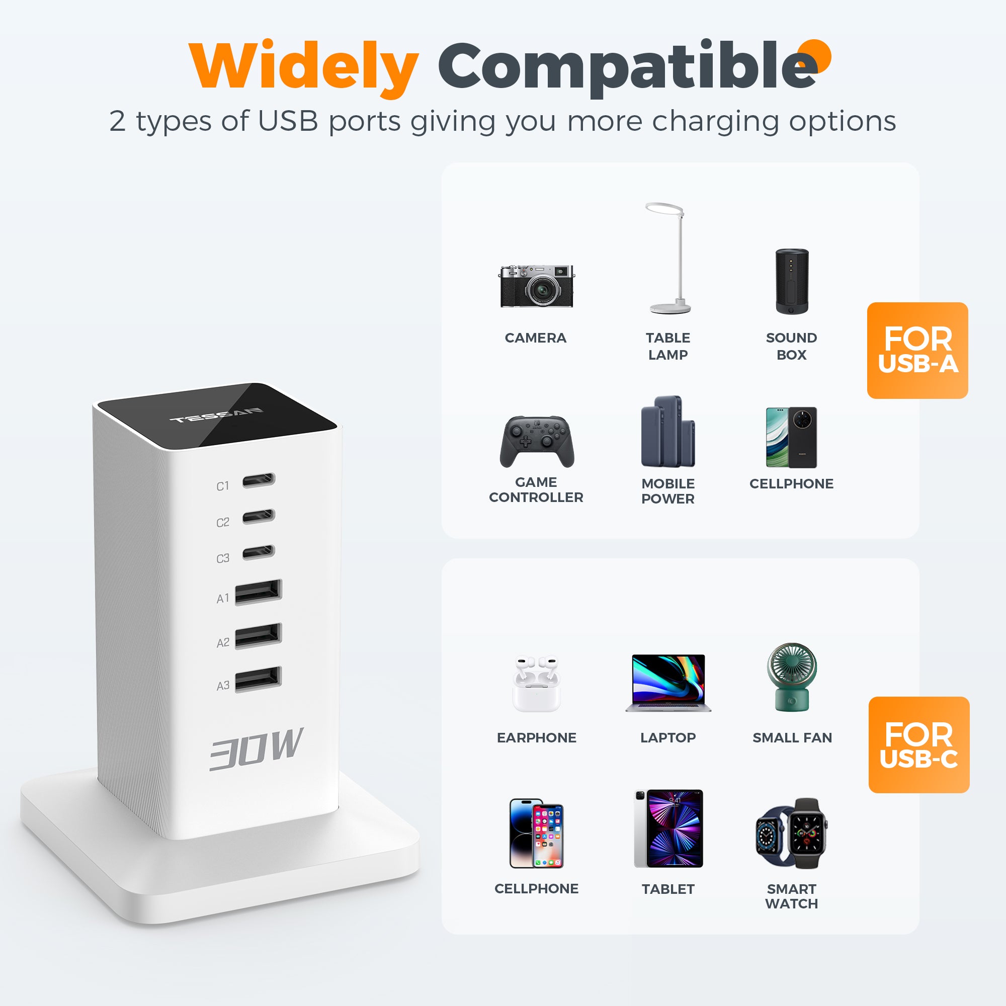 TESSAN - 30W Desktop Charging Station 6-Port Charging Hub With USB C for Multi Devices, White