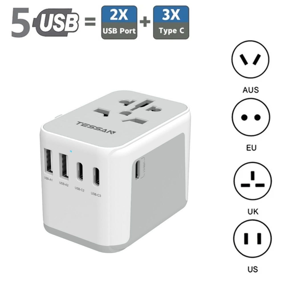 TESSAN - Universal Travel Plug 28W, international Power Adapter with 2 USB , 3 USB C Port , White