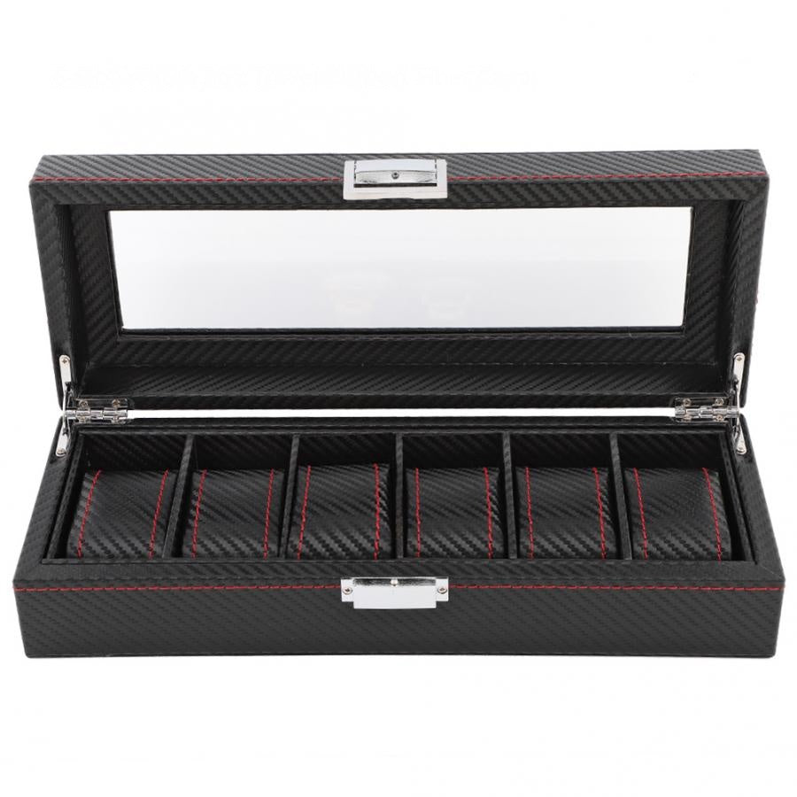 6 Slot PU Carbon Fiber Watch Box Organizer with Glass Lid