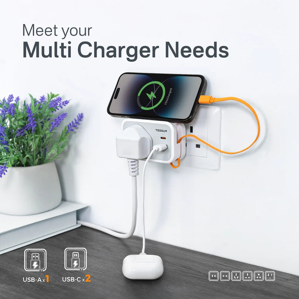 TESSAN Wall Plug Socket Extender with 30 cm USB-C Cable Universal Gang