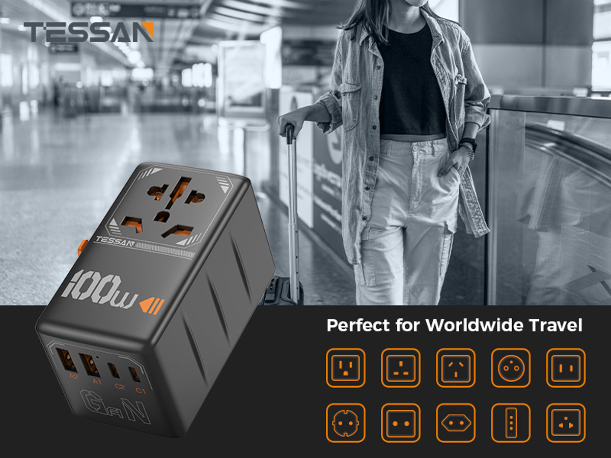TESSAN - International 100W GaN Plug Adaptor with 2 USB C and 2 USB A Charging Ports , Black