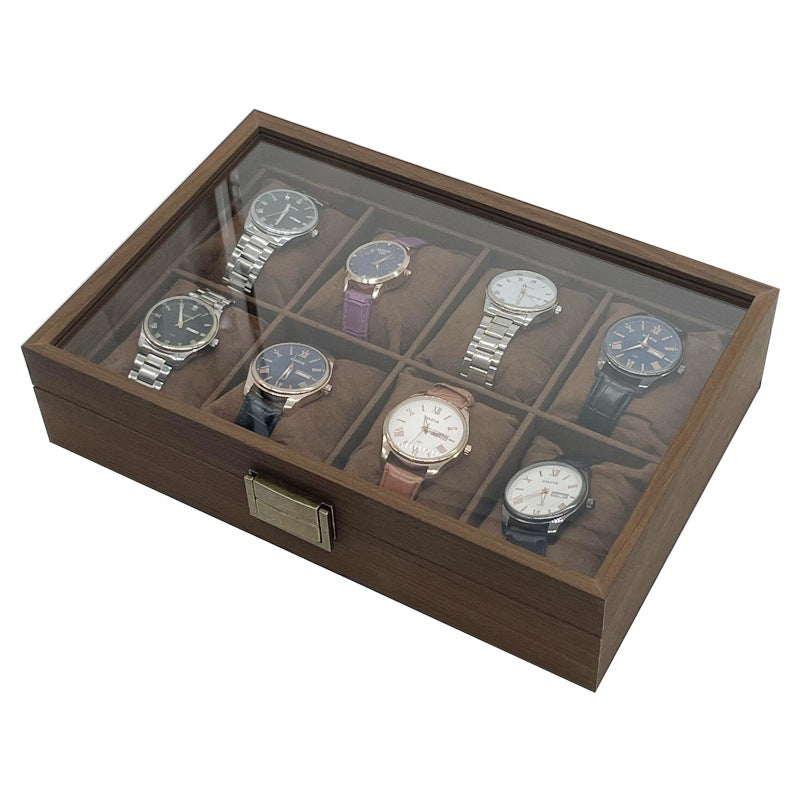 Luxury Brown Wooden Watch Organizer with Glass Lid