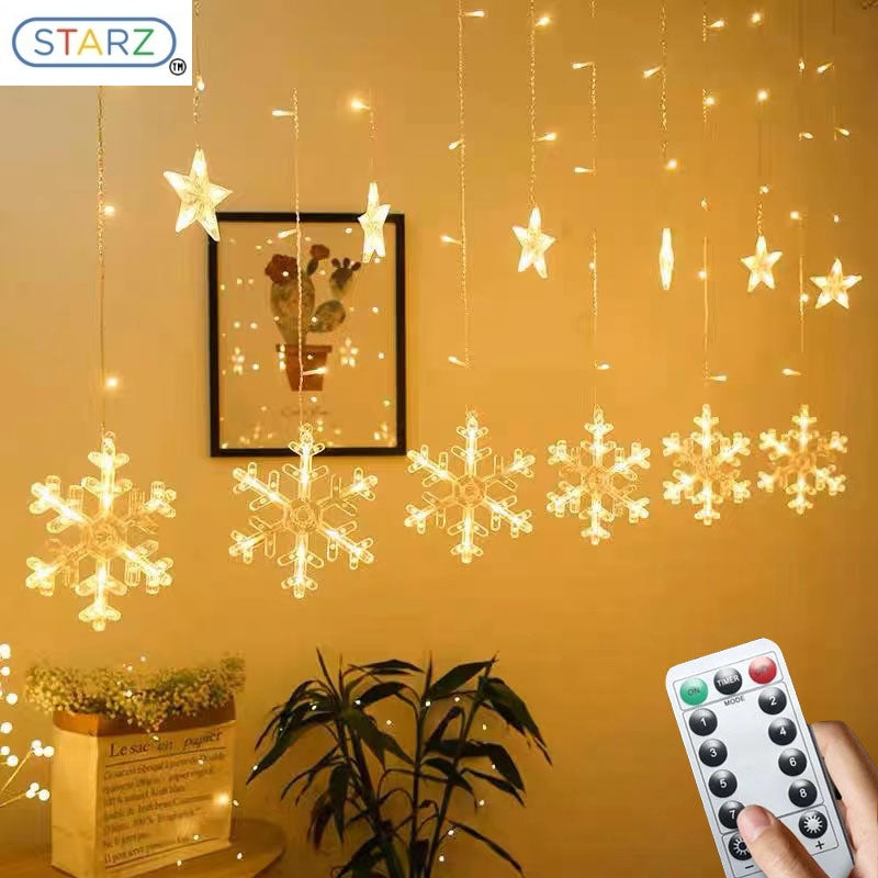 USB 3M Width icicle Stars & Snow Flakes Fairy Curtain Lights , Warm