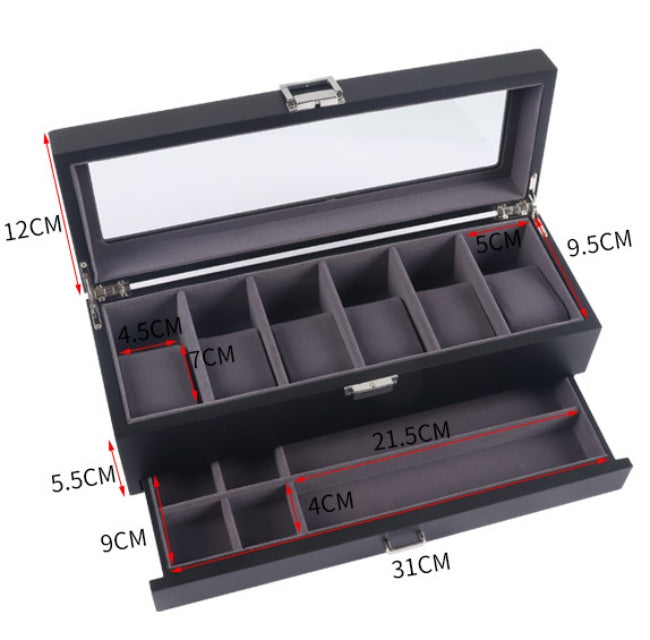 6 Slots Black Matte Wood Jewelry, Spectacles and Watch Storage Box