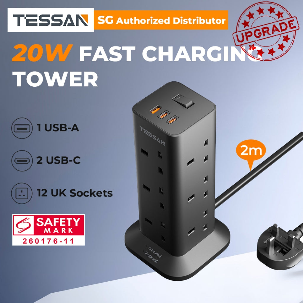 TESSAN SG Safety Mark Tower Plug Extension – 12 Sockets + 2 USB-C Ports, 2M/ 3M Cable