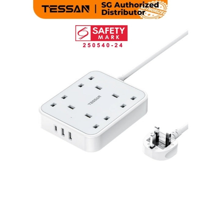 TESSAN - 4 Ways Extension Cords Leads with USB C Flat Long Power Strips Surge Protector