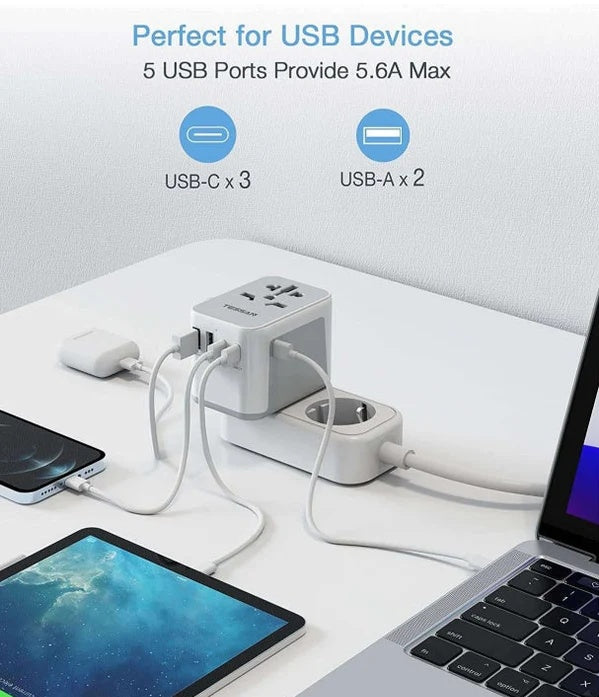 TESSAN - Universal Travel Plug 28W, international Power Adapter with 2 USB , 3 USB C Port , White