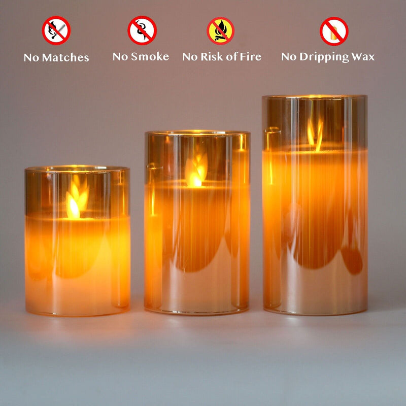 3 in 1 Gold Glass Flameless Wax Candle Lights with Remote Control