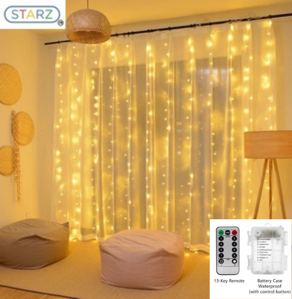 3M x 3M Warm White Fairy Curtain Lights – Battery Operated Backdrop