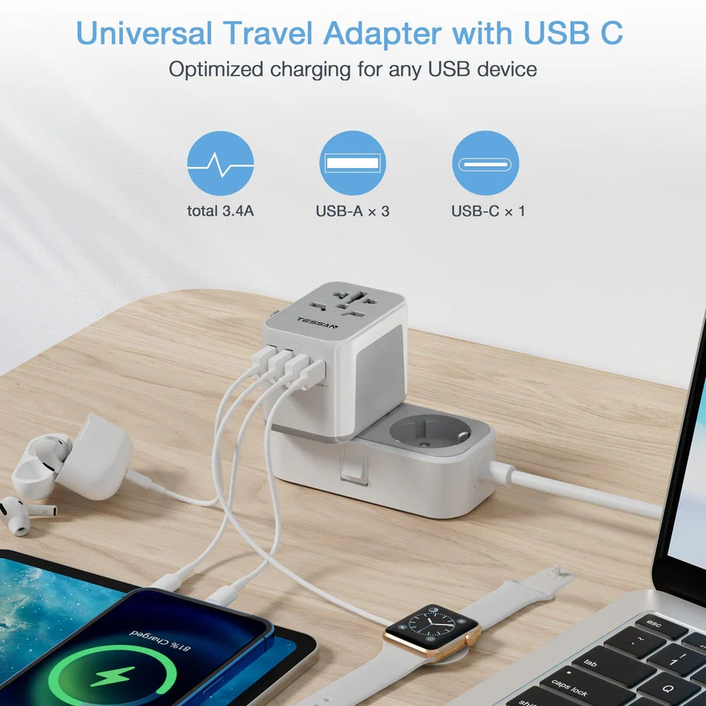 TESSAN - Universal Travel Plug 17W, international Power Adapter with 3 USB Port , 1 Type C, White