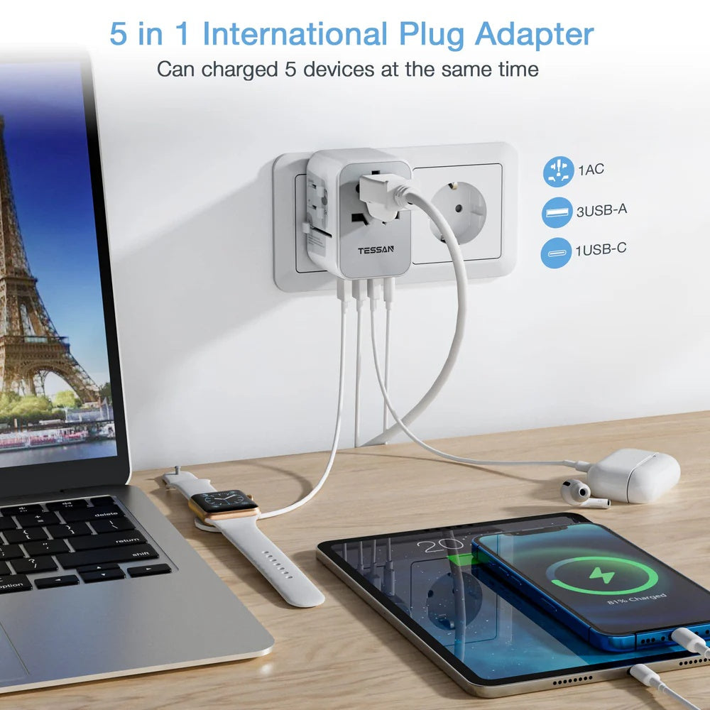 TESSAN - Universal Travel Plug 17W, international Power Adapter with 3 USB Port , 1 Type C, White