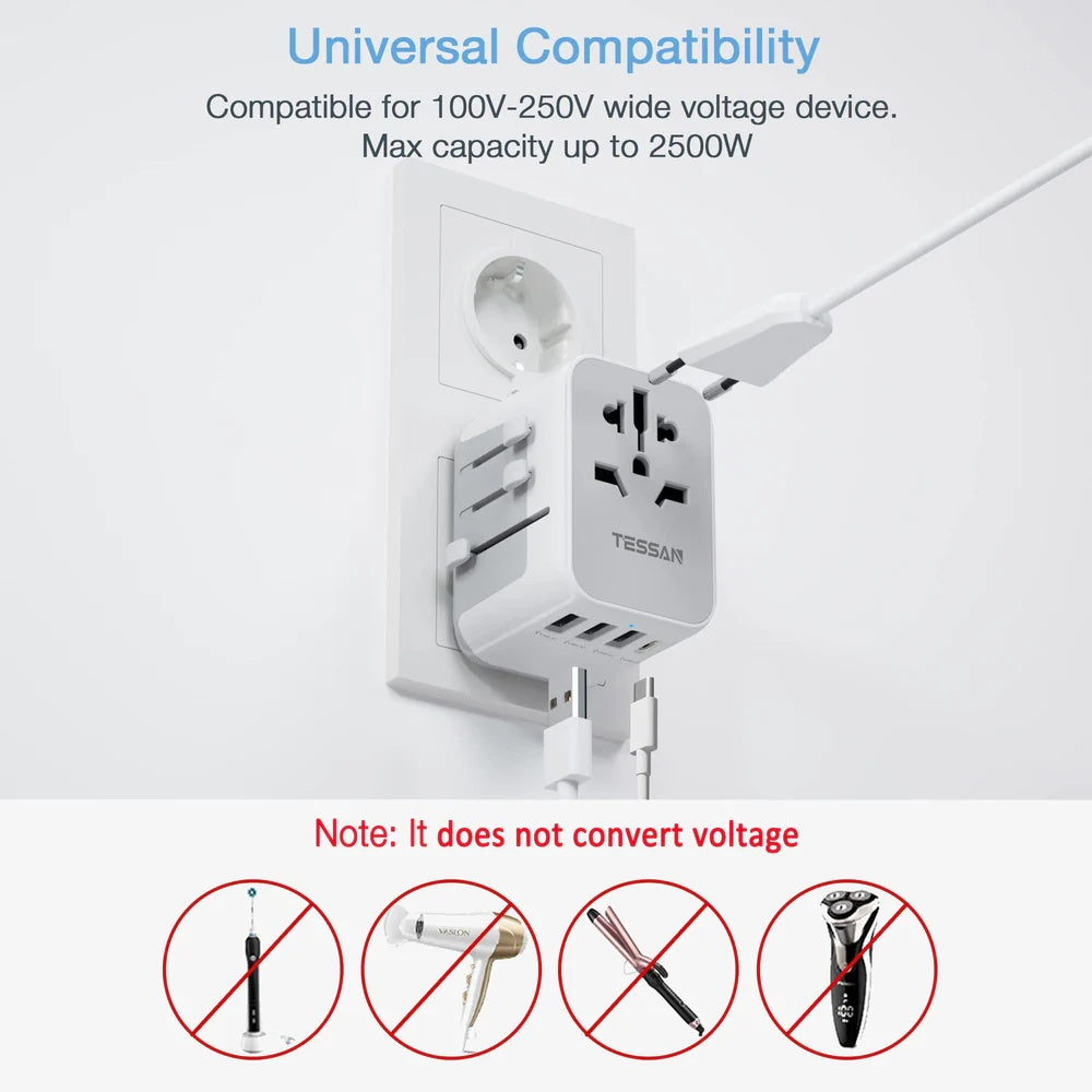 TESSAN - Universal Travel Plug 17W, international Power Adapter with 3 USB Port , 1 Type C, White
