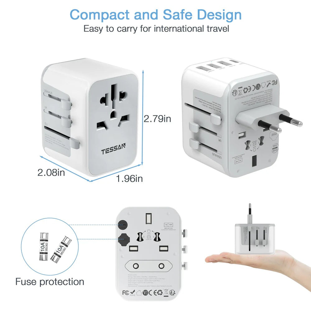 TESSAN - Universal Travel Plug 17W, international Power Adapter with 3 USB Port , 1 Type C, White
