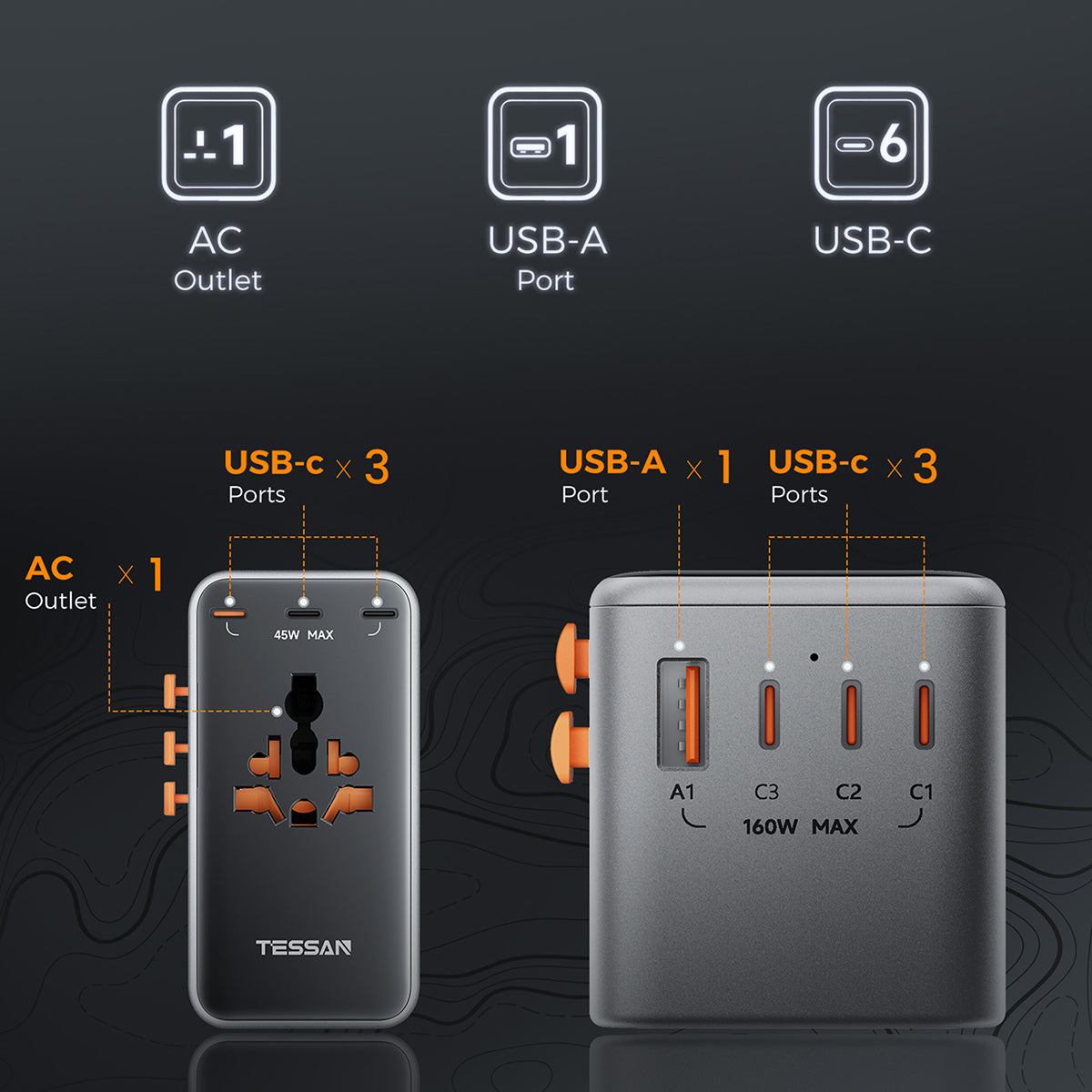 TESSAN - 205W Universal Travel Plug Adapter International Travel Adapter Worldwide with USB Type C