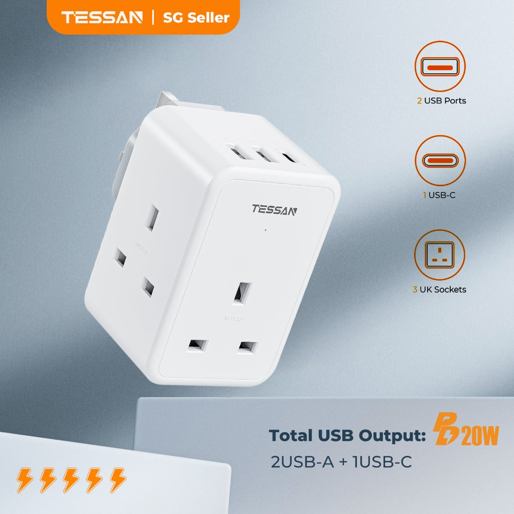 TESSAN - 6 in 1 Wall Socket Multi Plug 3 UK Main with 2 USB A & 1 USB C